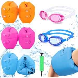 Arm Floaties for Kids 6-12yrs, PVC Arm Floaties Inflatable Swim Arm Bands Floater Sleeves Swimming Rings and Swimming Goggles Kids Floaties for Pool (blue)