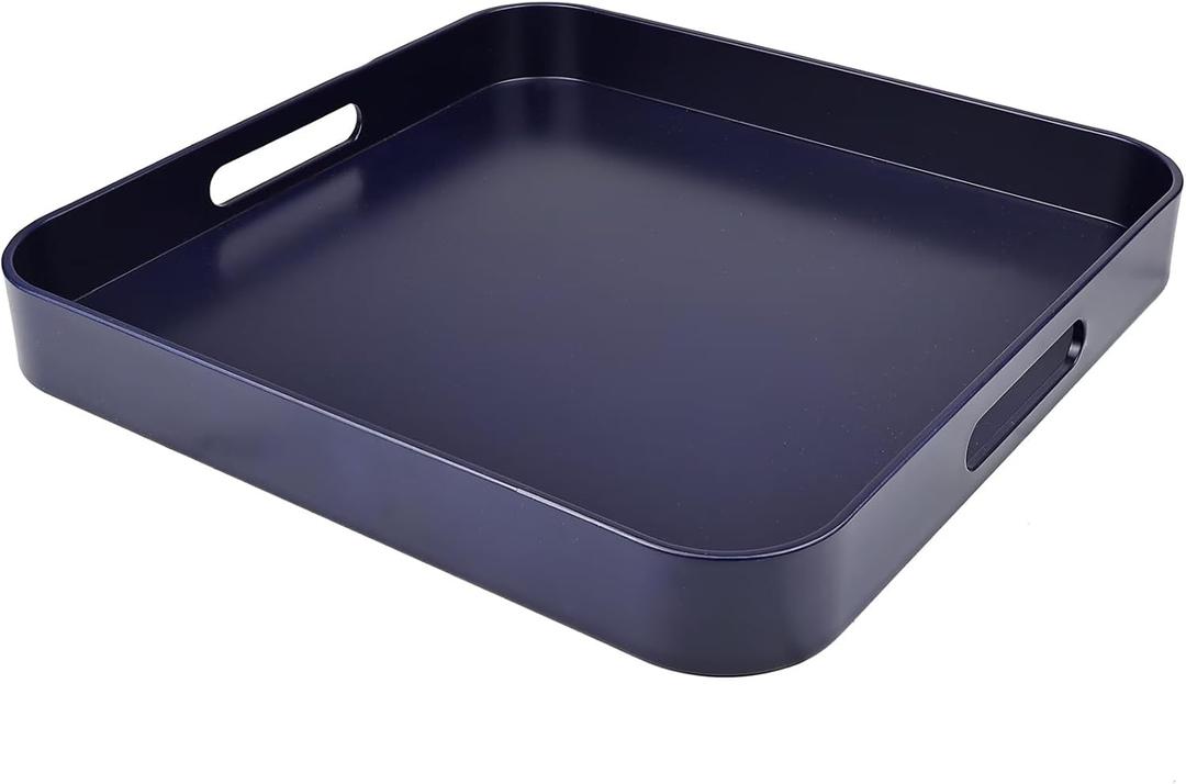 Square Navy Blue Decorative Serving Tray with Handles, Versatile Ottoman Tray for Coffee Table, Entertaining, Outdoor Patio, Living Room, 13*13*1.6