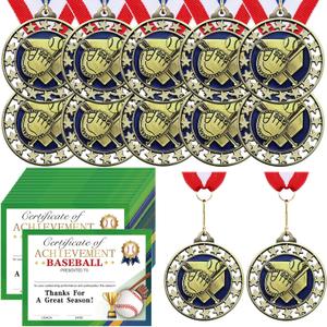 Huquary 12 Pcs Award Medals with 12 Pcs Achievement Award Certificates Team Participation Trophies with Red White Blue Striped Ribbon for Sports Party Favors Team Competitions Trophy Prize