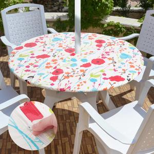 misaya Round Tablecloth, Fitted Table Cover with Umbrella Hole, 100% Waterproof, Elastic Edge, Flannel Backing, Plastic Table Cloth Fit 45"-56" Round Tables for Patio, Picnic, Outdoor, Flowers (Off White)
