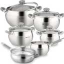 Daniks Modern Frying Pan With Lid Included, 11-Piece Stainless Steel Induction-Compatible Cookware Set, Dishwasher Safe, Heatproof Handles, Glass Lids, Silver