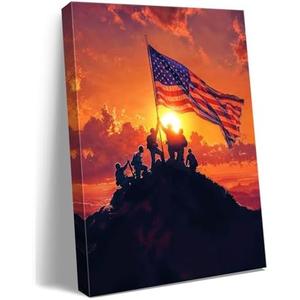 Ploceiny American july 4th Canvas Print Wall Art - Patriotic 4th of July USA Decorations, Soldiers Raising Flag on Mountain Sunrise, Veteran Memorial Gift, Independence Day Office & Home Decor, A-383