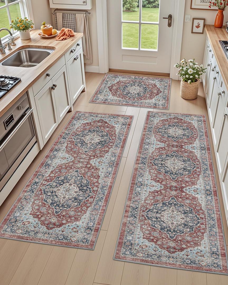 DEXI Kitchen Floor Mats 3 Pieces Non Slip, Washable Runner Rugs Absorbent,Thin Standing Carpet Soft Comfort for Sink Hallway Entryway Laundry Room Boho Decor, Red (24" x 36" + 24" x 60" + 24" x 84")
