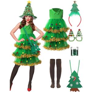 Berlune 7 Pcs Christmas Tree Costume Set for Women Outfit Dress Hat Headband Bag Glasses Frame Socks Sequins