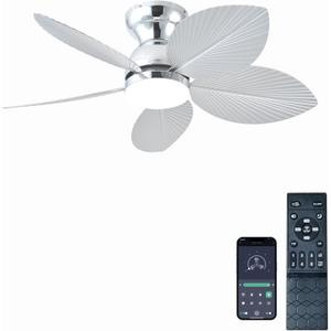Tropical Ceiling Fans with Light, 38-inch Flush Mount Palm Leaf Ceiling Fans for Bedrooms, Indoors and Outdoors, Remote Control/APP Control, 6-Speed, Dimmable, Reversible,Chrome