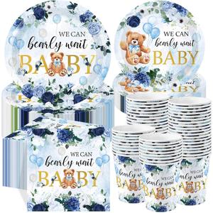 250 Pcs We Can Bearly Wait Baby Shower Party Decorations Blue Paper Plates Napkins and Cups Bear Boy Party Tableware Set for Spring Baby Shower Gender Reveal Supplies, Serves 50