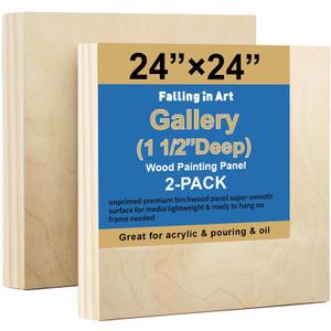 Falling in Art 2 Pack Unfinished Wooden Canvas Panels, 24x24 Gallery Birch Wood Panels Kit, 1 1/2" Deep Art Cradle Boards for Acrylic Painting, Pouring and Burning