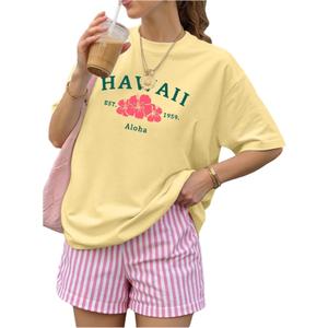 Verdusa Women's Letter Print T Shirt Crewneck Short Sleeve Drop Shoulder Loose Tee Tops (Yellow)