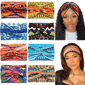 Wide African Headbands for Women Boho Twist Head Bands Elastic Turban Headwraps for Lady Yoga Sports Workout Stretchy Hairband, Pack of 6