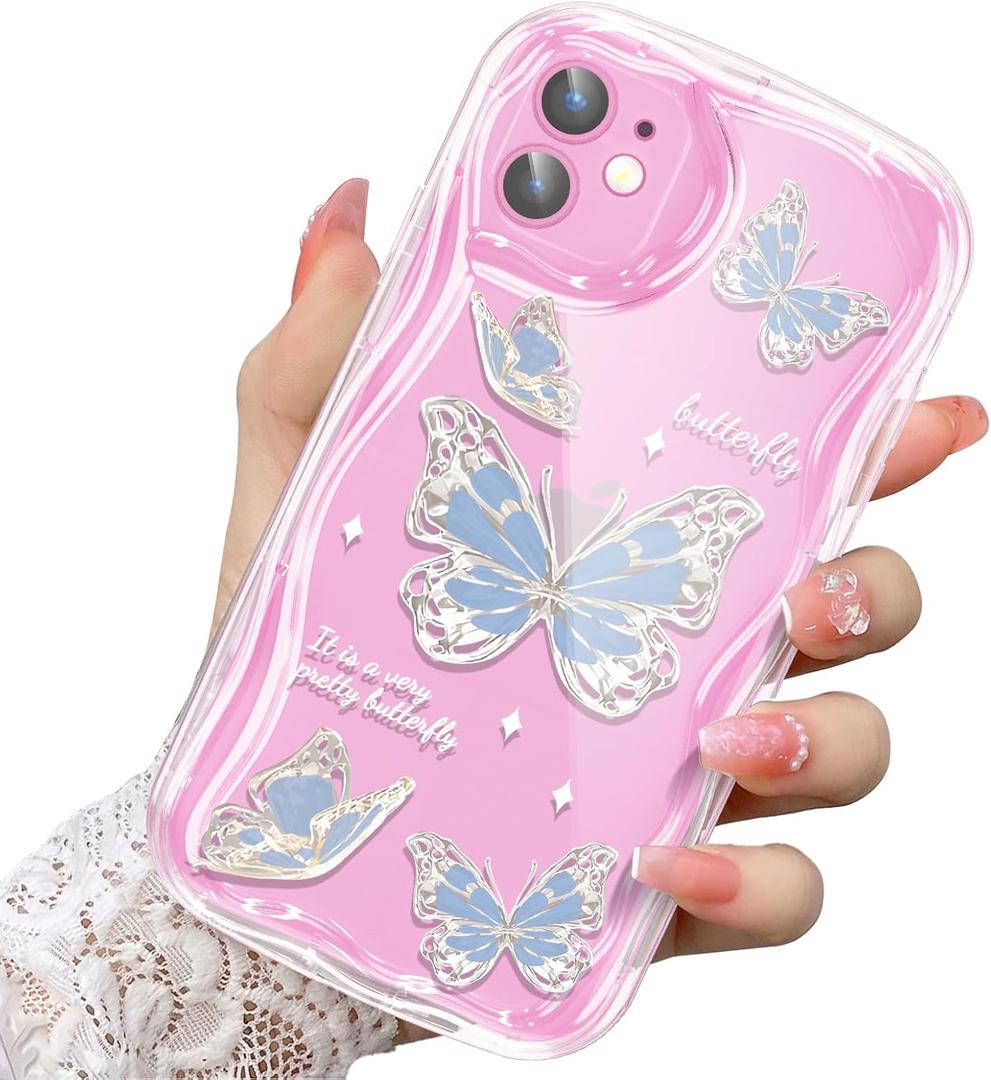 2 x Compatible for iPhone 12 Case, Pretty Butterfly Print Three-Dimensional Wave Clear Case for Girls Women, Soft Full Package Anti-Fall Cover for iPhone 12, Water Blue Butterfly