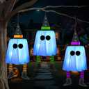 JOYIN 23.6'' 3PCS Halloween Hanging Ghosts Decorations Outdoor, Blue Hanging Light Up Ghost Decor with Witch Hat & Timer, Halloween Decorations for Yard Patio Tree Garden Outside Haunted House Party