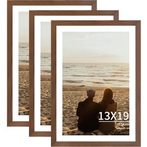 YESKAY 13x19 Picture Frame 3 Pack - Brown Poster Frame Display Pictures 11x17 with Mat or 13 x 19 Without Mat for Wall Hanging Horizontal and Vertical