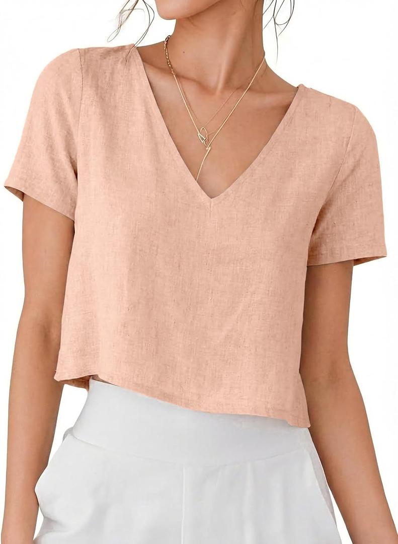 IDEALSANXUN Womens Short Sleeve Linen Shirts Casual Spring Summer V Neck Cute Crop Beach Blouse Tops (Pink, S)