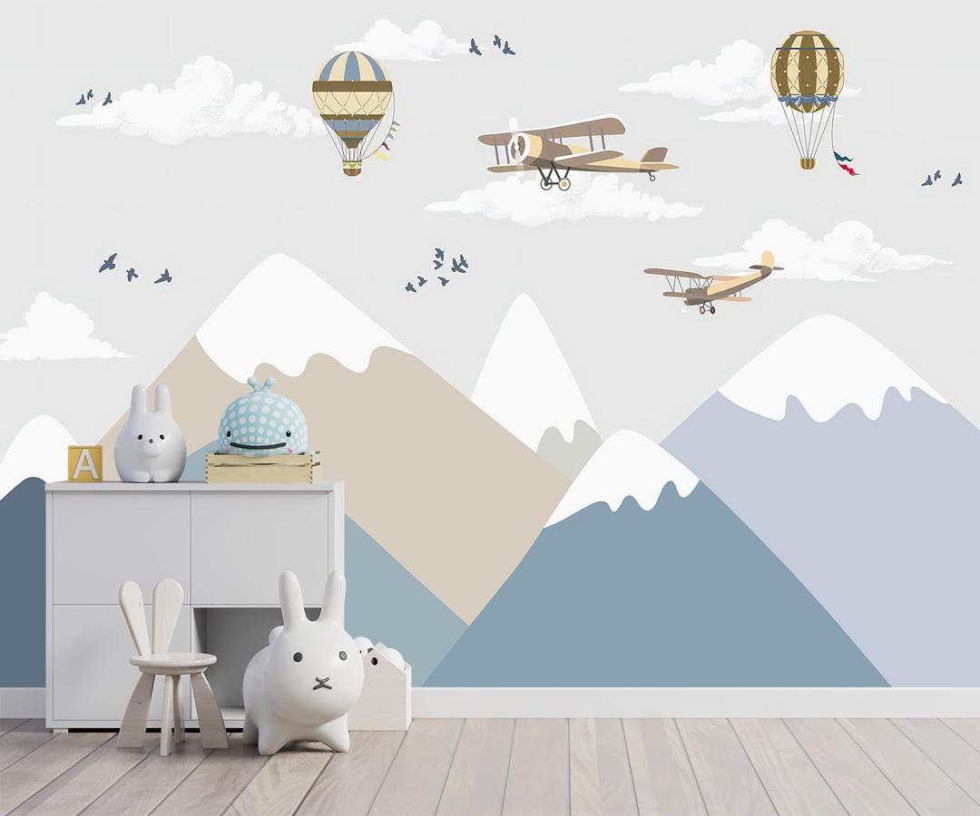 -Children's Room Cartoon Balloon Mountain Fabric Wallpaper Nursery Mural 100" x 65" (Not Peel and Stick)