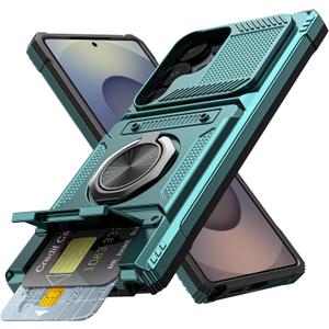 Vofolen for Samsung Galaxy S25 Ultra Case with Card Holder [Store 2 Cards] +360 Rotated Ring Kickstand Dual Layer Heavy Duty Shockproof Wallet Cover for Galaxy S25 Ultra Case for Women Men, Green