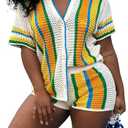 Symina Summer 2 Piece Short Sets For Women Crochet Short Sleeve Shirt and Shorts Matching Set Vacation, L