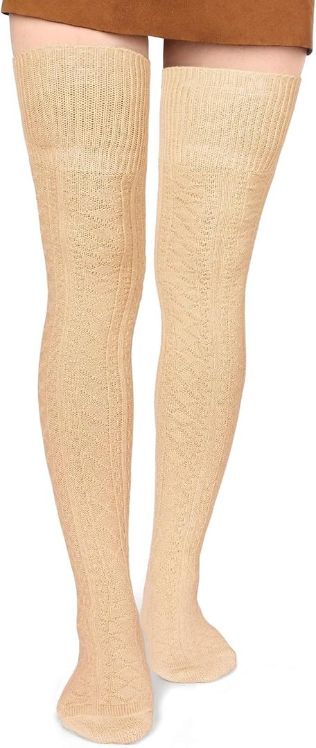 Moon Wood Women Thigh High Socks Extra Long Cotton Knit Warm Thick Tall Long Boot Stockings Leg Warmers (One Size, Beige)