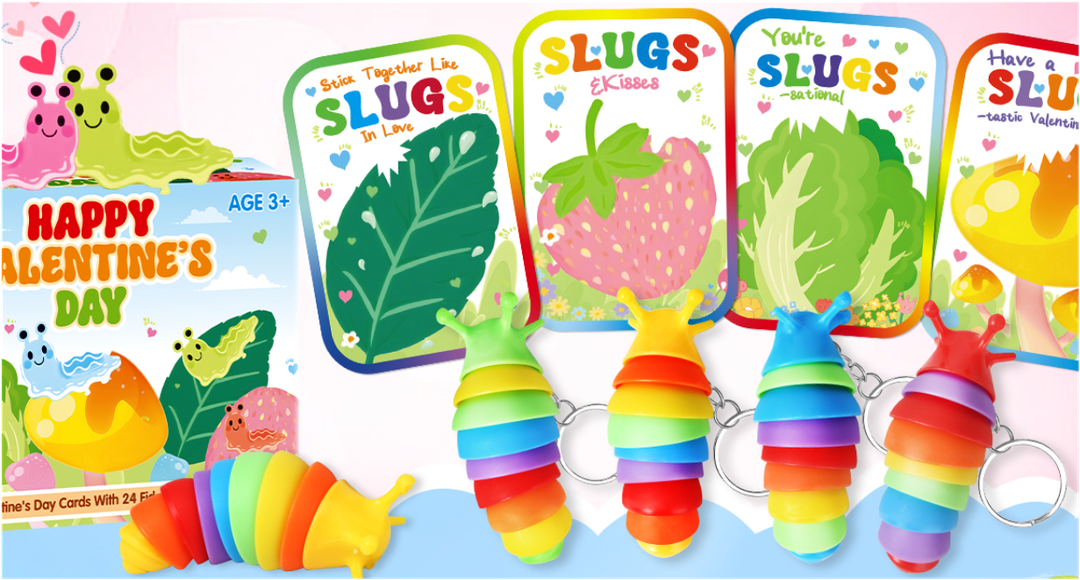 Valentine's Day Cards For Kids School, 24Pack Valentine's Day Cards for Kids With Fidget Slug Keychain, Valentines Day Gifts for Kids Classroom Exchange, Party Favors School Activities Prizes Rewards
