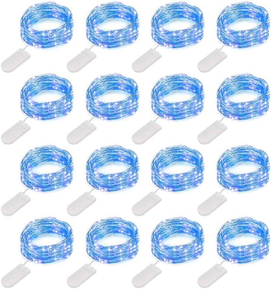 MUMUXI 16 Pack 10 ft Fairy Lights Battery Operated 30 LED Mini String Waterproof Silver Wire Firefly Starry Lights for DIY Wedding Party Mason Jars Christmas Decorations, Blue