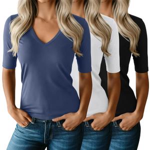 Ficerd 3 Pack Women's Half Sleeve V Neck T Shirts, Mid Elbow Length Sleeve Shirt Slim Fit Tunic Top Casual Summer Tee (X-Large, Black, White, Haze Blue)