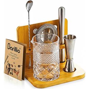 Barillio 24 Oz Crystal Cocktail Mixing Glass with Bamboo Stand & Bar Tools | Seamless Lead-Free Crystal, Weighted Base Stirring Pitcher | Including Muddler, Mixing Spoon, Jigger and Strainer (7-Piece Set (24 oz))