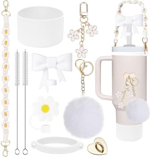 Mdscve 10Pcs for Stanley Cup Accessories, Silicone Straw Cover Reusable Water Bottle Handle Strap for Stanley Boot and Charms - Keychain Designs for Stanley 30&40oz Tumbler Accessories (White)