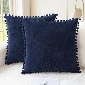 CaliTime Throw Pillow Covers Decorative 16 X 16 Inches Pack of 2 Cozy Solid Dyed Soft Chenille Cushion Cases with Pom Poms for Couch Sofa Bed Living Room Home Navy Blue