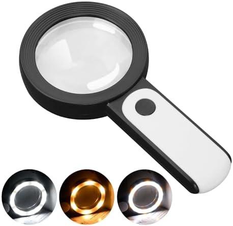JMH Magnifying Glass with Light, Handheld Large Magnifying Glass 18LED Cold and Warm Light with 3 Modes, Illuminated Lighted Magnifier for Seniors Reading, Coins, Jewelry