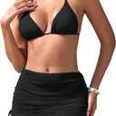 ZAFUL Womens 3 Piece Swimsuits Triangle Halter Thong Bikini Set with Sheer Cover Up Skirt (Large, 0608-black)