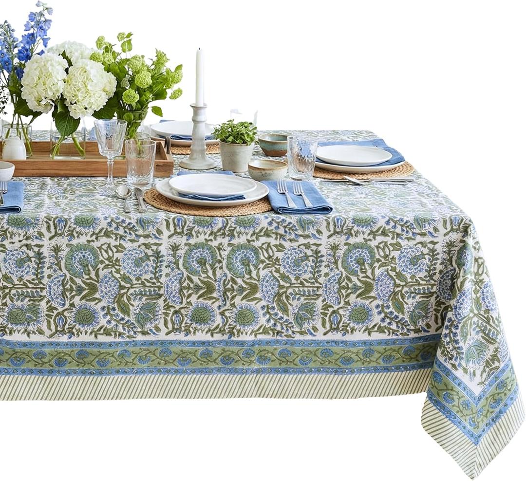 ATOSII Clover Blue 100% Cotton Rectangle Fall Tablecloth, Handblock Floral Linen Table Cloth for Kitchen Dining Table I Parties Christmas Thanksgiving I Fall Home Decor 60 X 90 Inches I 6 Seater