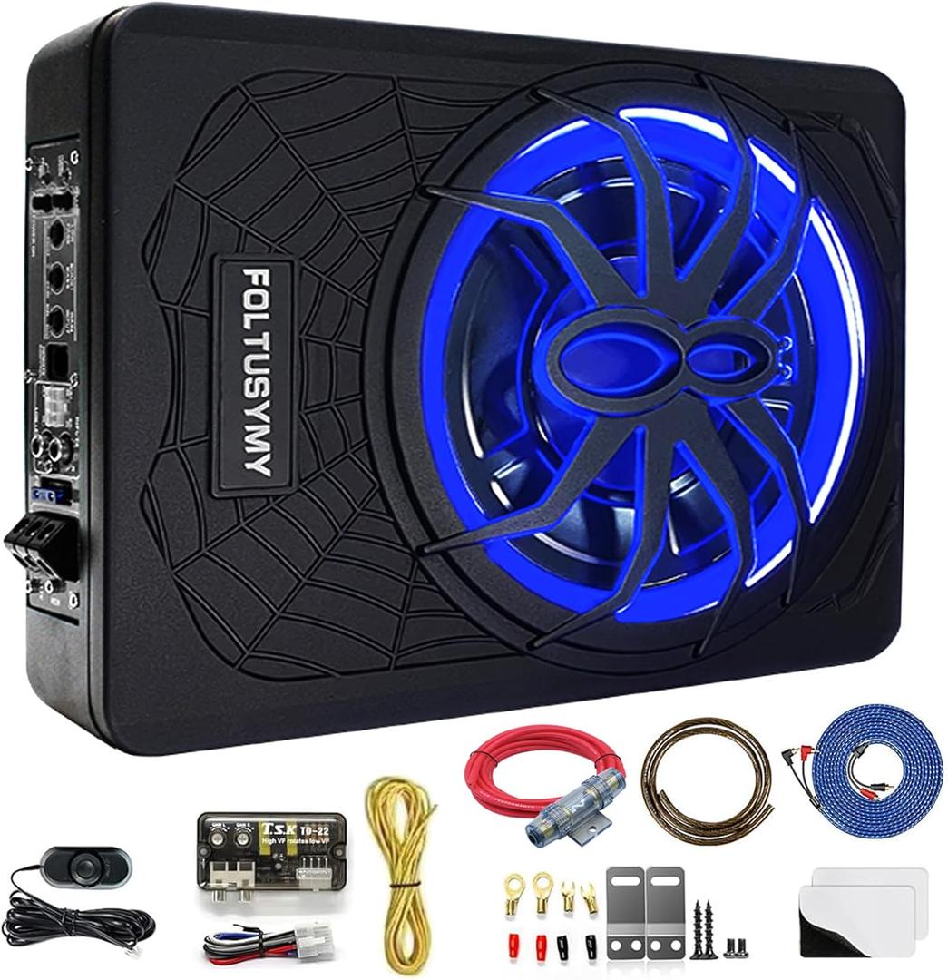 1200W 10" Slim Under Seat Powered Car Subwoofer, High/Low Level Input, Car/Truck Audio Sub Built-in Amplifier amp Combo Package, with Blue LED Light