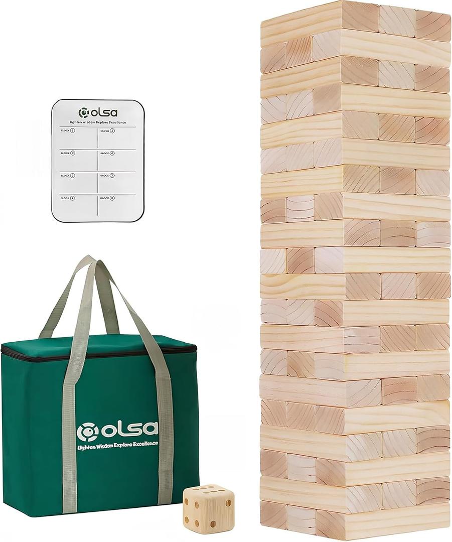 Olsa Jumbo Tumble Tower Outdoor Games 60pcs Large Blocks Stacking Lawn Yard Game for Kids Adults Family Stack to Over 5FT Giant Family Party Games for Holiday