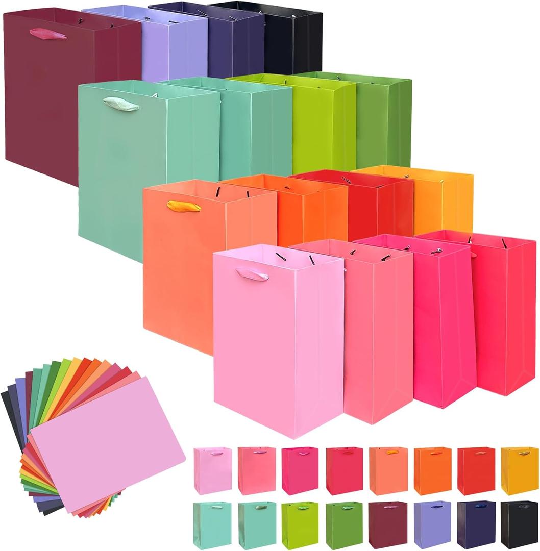 Gcardist 16 Colors Gift Bags with Tissue Paper for Wedding, Birthday, Party Supplies-7.9"x4.3"x9.6" Light Color Series Medium Size Cardboard Gift Bags 16pcs Bags +32pcs Tissue Paper