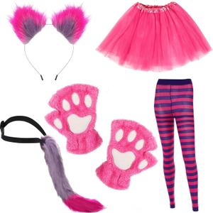 Suhine 5 Pcs Halloween Pink Purple Striped Cat Costume Include Cat Ears Tail Striped Legging Tutu Skirt Gloves for Girl Women (Large)