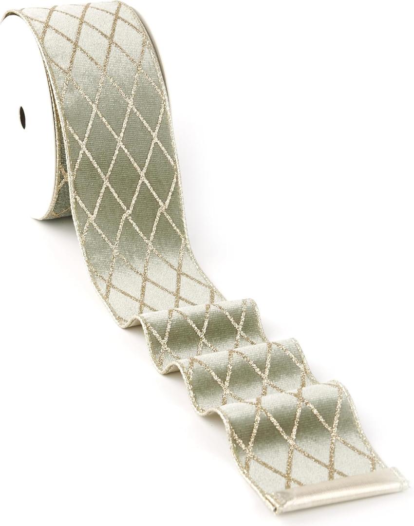 MAYREEL 2.5 Inch Sage Green and Gold Velvet Wired Ribbon Metallic Diamond Glitter Grid for Christmas Gift Wrapping Floral Craft Bows Wreaths Garland Holiday Decor 10 Yards