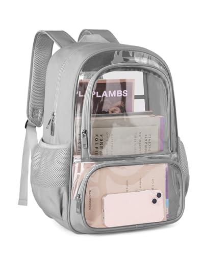 KIMNERPU Clear Backpack, Fabric & PVC Transparent Backpack with Reinforced Strap for Women Men, Heavy Duty Transparent Bookbag, Large Capacity Clear Bag, Travel, X-Large Grey
