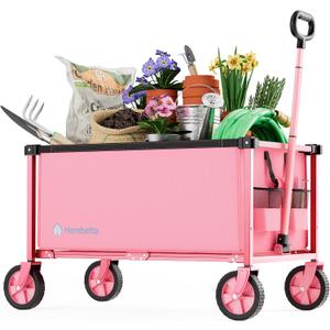 29.3" Collapsible Wagon Cart, 150L Heavy Duty Folding Utility Wagon with Wheels, 260 lbs Load, Portable Rolling Cart for Garden, Shopping, Sports, Camping, Pink