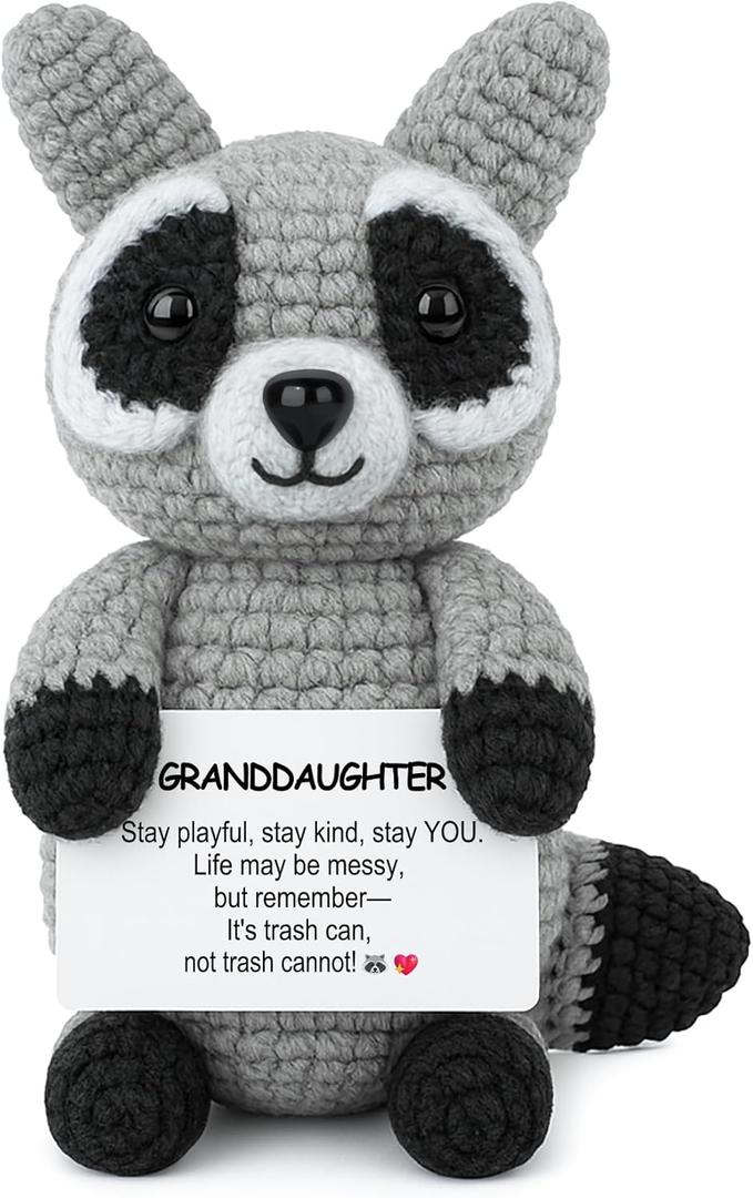 2 x JoycuFF Granddaughter Gifts Positive Crochet Raccoon Emotional Support Crochet Granddaughter Gifts from Grandma Christmas Birthday Gift Emotional Inspirational Support