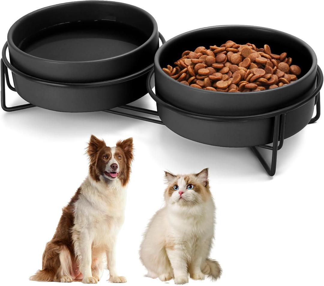 Ceramic Dog and Cat Bowl Set with Stand, 3.6 Cups Dog Food and Water Bowl Suitable for Small and Medium Pets (28.7oz Black)