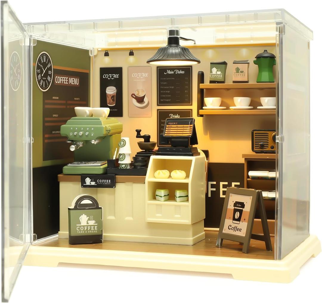 Coffee Shop Mini Model Kits with LED, Make It Miniature Cafe Store, DIY Miniature House Kit for Adults Teens and Beginners to Build, Mini Dollhouse Kits, Gift for Friends and Hobbies