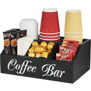 Coffee Bar Organzier, 5 Compartment Wood Countertop Storage Holder for Cups Lids Pods Syrups, Coffee Station Accessories Tea Storage Basket Condiment Organizer