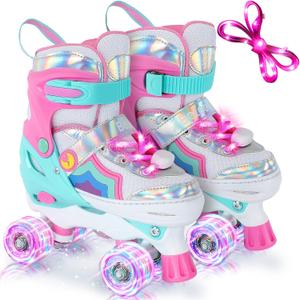 BELEEV Kids Roller Skates for Girls, 4-Size Adjustable Quad Skates with 8 Light-Up LED Wheels & Bonus Shoe Lace, Safe & Fun for Toddlers Children Beginners, Ideal Birthday (Large - Youth & Adult (5-8 Us), Cyan Pink)