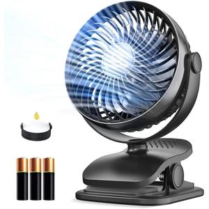 Shinebella Battery Operated Clip-On AA Fan with 4 Speeds, 5-inch Small Personal Fans for Dorm, USB Powered, Quiet, 360 Rotation for Desk/Baby Stroller/Camp/Golf Cart, Portable Home/Office/Car Use (Black)