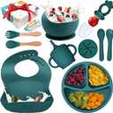 Silicone Baby Feeding Set, 10 Pcs Baby Led Weaning Supplies | BPA-Free Baby Dishes with Toddler Plates and Bowls Set, Silicone Bib, Suction Cup, Baby Spoons & Forks | Empower Independence  Green