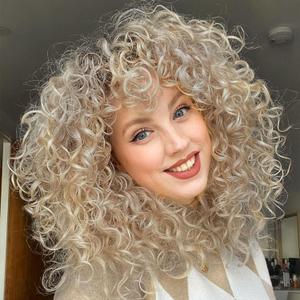 LONAI Curly Wig with Bangs for Women Long Ash Blonde Kinky Wigs with Bangs WIG006 Curly Shag Synthetic Wig for Daily Use Party Cosplay-Ash Blonde (23 Inch (Pack of 1))