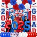 Graduation Party Decorations Red and Blue 2025 Graduation Party Supplies Include Banner, Hanging Swirls, Porch Sign, Foil Fringe Curtain, Paper Pompoms, Balloons for Congrats Grad Party Decorations