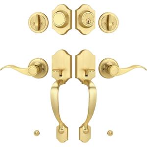 Double Front Door Handle Set with Dummy and Deadbolt, Brushed Gold Entry Front Door Lock Set with Gold Classic Half Grip Curved Door Handle for Exterior Doors or Office, Satin Brass