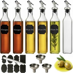 WERTIOO 6 PACK Glass Olive Oil Dispenser Bottle, 17 OZ/500ml Oil Dispenser for Kitchen with 6 Pourer, 3 Stainless Steel Funnel & 1 Pen and 8 Label for Kitchen