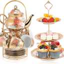 Maxcheck 21 Pcs Porcelain Tea Set for Women Tea Party with Metal Holder and 3 Tier Cake Stand Ceramic European Floral Teapot Set for Adults Mother's Day Christmas Thoughtful Gift(Vintage Style)