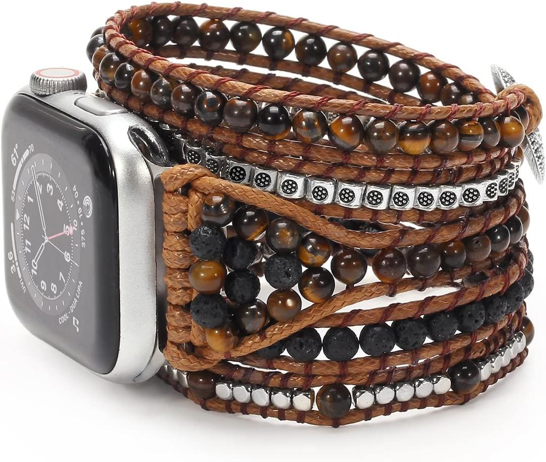 Boho Bracelet Compatible with Beaded Apple Watch Band 41mm/38mm/40mm 49mm/45mm/46mm/44mm/42mm - Handmade Multilayer 5 Wrap Apple Watch Strap for Women Men Natural Stone iWatch Band Series 11 10 9 8 7 6 5 4 3 2 1 SE3 Ultra 3